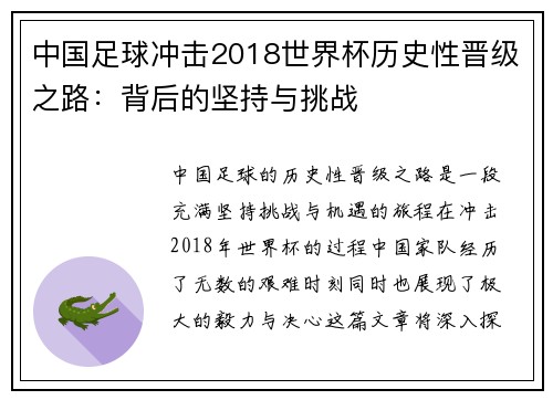 中国足球冲击2018世界杯历史性晋级之路：背后的坚持与挑战